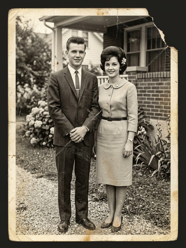 Before - a damaged old vintage photo with scratches, stains and faded tones