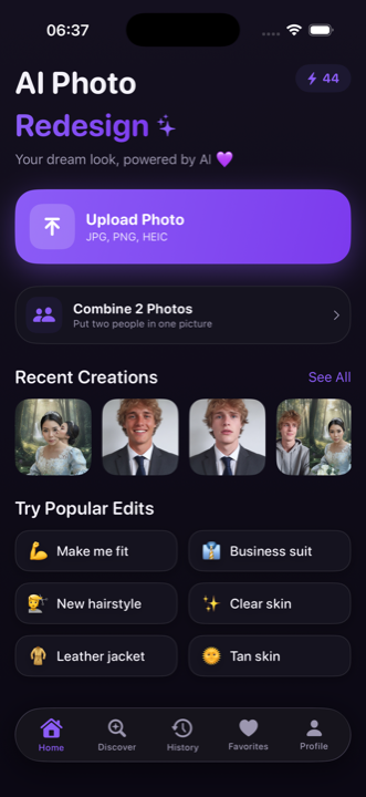 AI Photo Redesign app home screen on iPhone showing AI photo styles