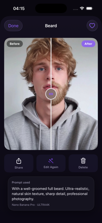 Before and after of an AI photo redesign showing a new styled look